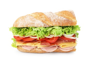 Photo of Tasty baguette sandwich with ham and vegetables isolated on white