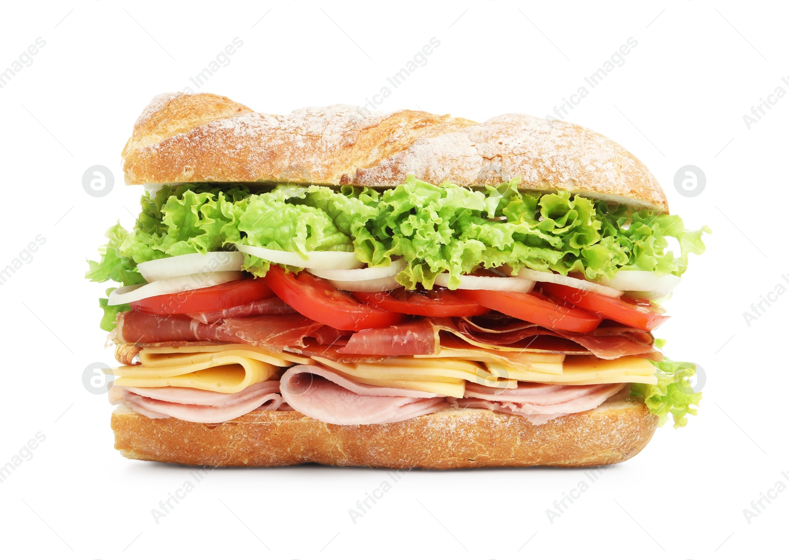 Tasty baguette sandwich with ham and vegetables isolated on white Photo of Tasty baguette sandwich with ham and vegetables isolated on white