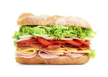 Photo of Tasty baguette sandwich with ham and vegetables isolated on white