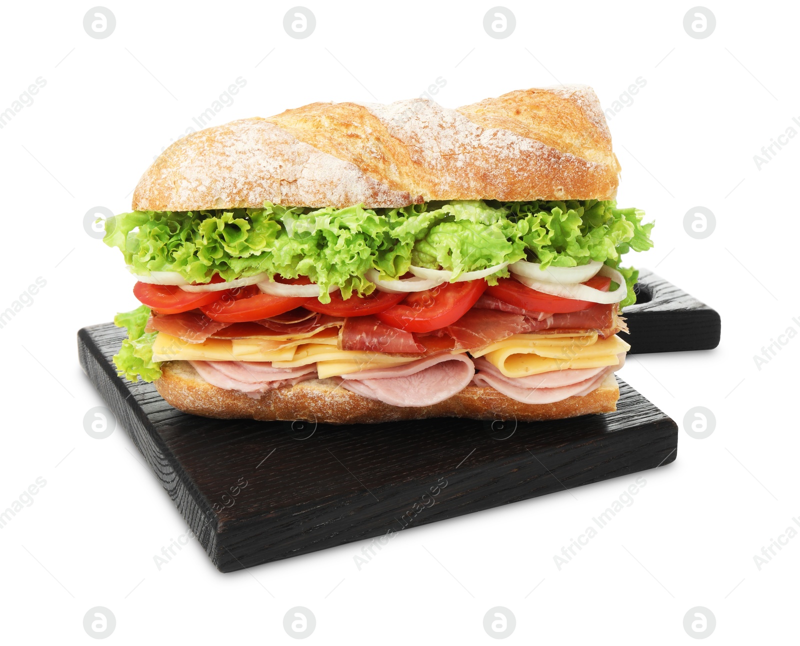 Tasty baguette sandwich with ham and vegetables isolated on white Photo of Tasty baguette sandwich with ham and vegetables isolated on white