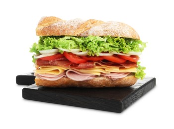 Photo of Tasty baguette sandwich with ham and vegetables isolated on white