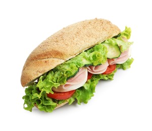 Photo of Tasty baguette sandwich with ham and vegetables isolated on white