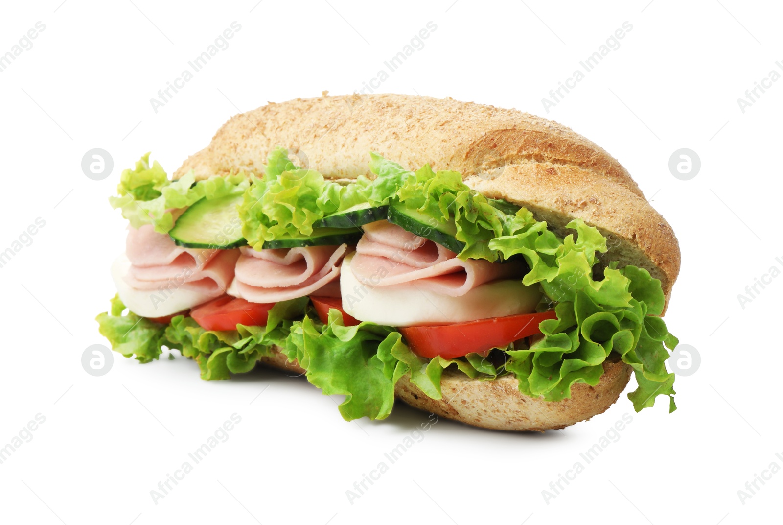 Tasty baguette sandwich with ham and vegetables isolated on white Photo of Tasty baguette sandwich with ham and vegetables isolated on white