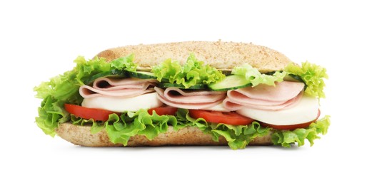 Photo of Tasty baguette sandwich with ham and vegetables isolated on white