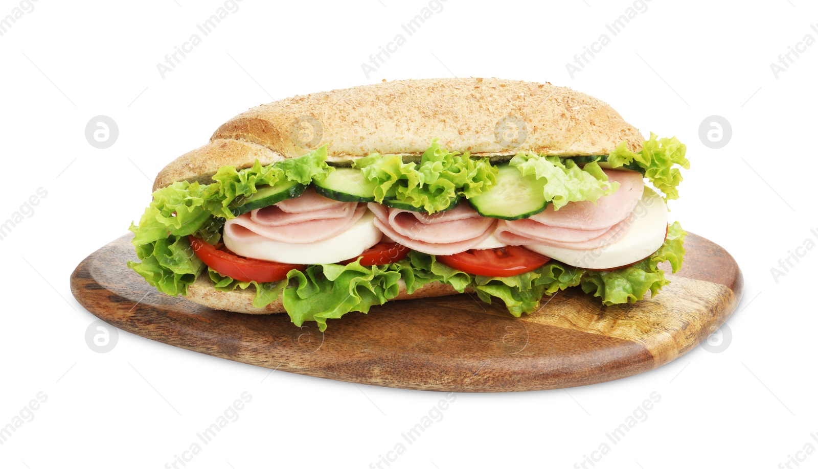 Tasty baguette sandwich with ham and vegetables isolated on white Photo of Tasty baguette sandwich with ham and vegetables isolated on white
