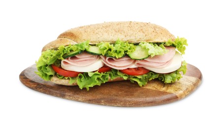 Photo of Tasty baguette sandwich with ham and vegetables isolated on white