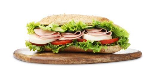 Photo of Tasty baguette sandwich with ham and vegetables isolated on white