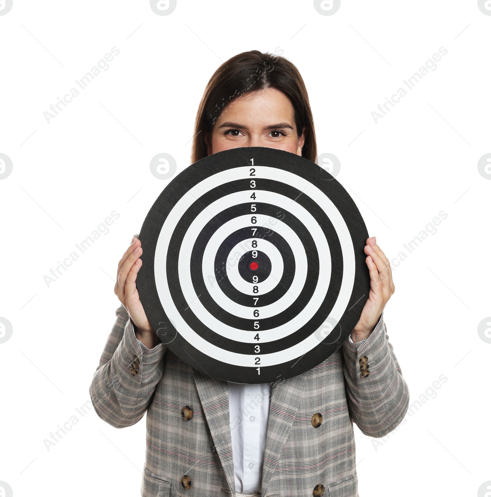 Targeting. Businesswoman with dart board on white background Photo of Targeting. Businesswoman with dart board on white background