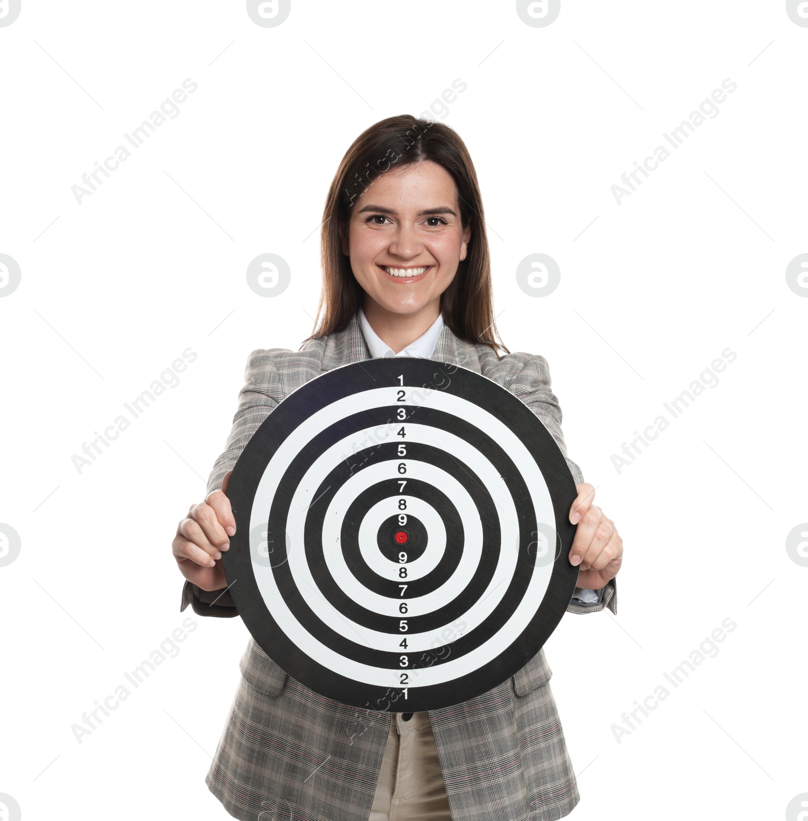 Targeting. Smiling businesswoman with dart board on white background Photo of Targeting. Smiling businesswoman with dart board on white background