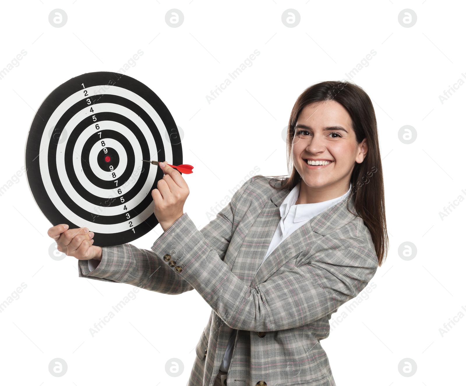 Targeting. Smiling businesswoman with dart board and arrow on white background Photo of Targeting. Smiling businesswoman with dart board and arrow on white background