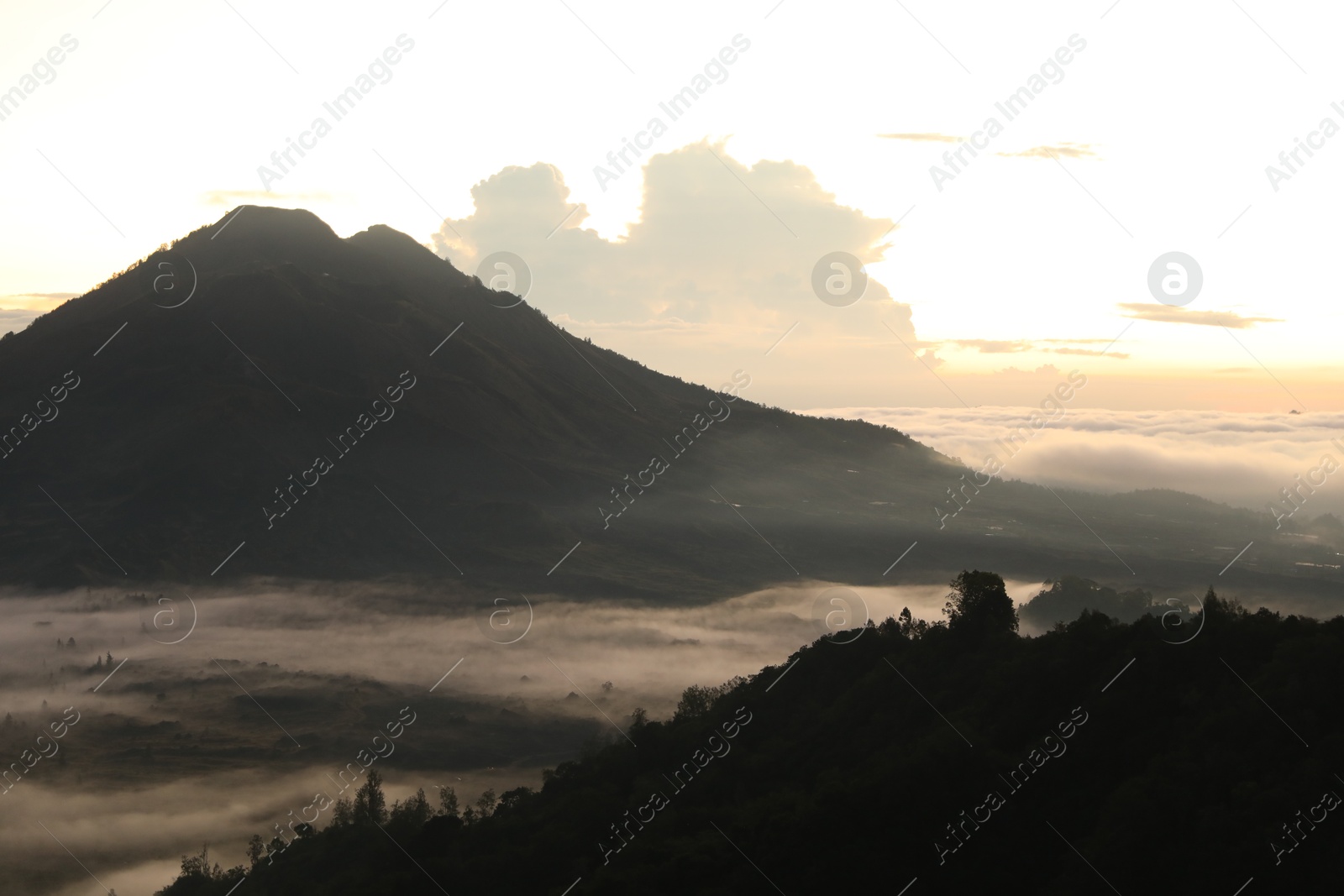 Picturesque view of mountains covered with fog on sunset Photo of Picturesque view of mountains covered with fog on sunset