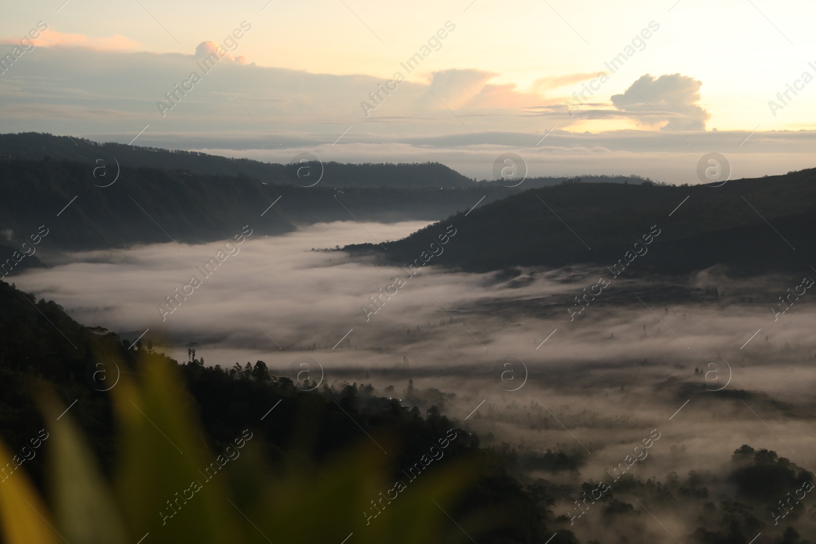 Picturesque view of mountains covered with fog on sunset Photo of Picturesque view of mountains covered with fog on sunset