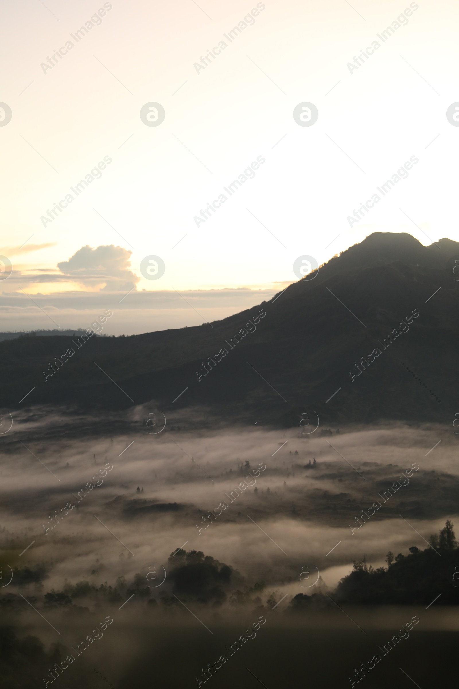 Picturesque view of mountains covered with fog on sunset Photo of Picturesque view of mountains covered with fog on sunset