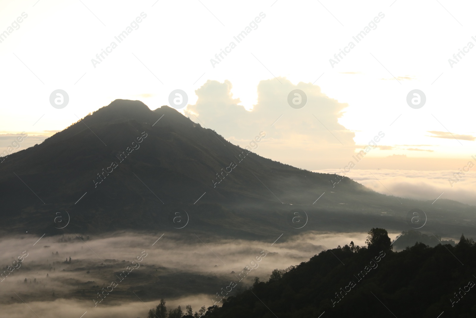 Picturesque view of mountains covered with fog on sunset Photo of Picturesque view of mountains covered with fog on sunset