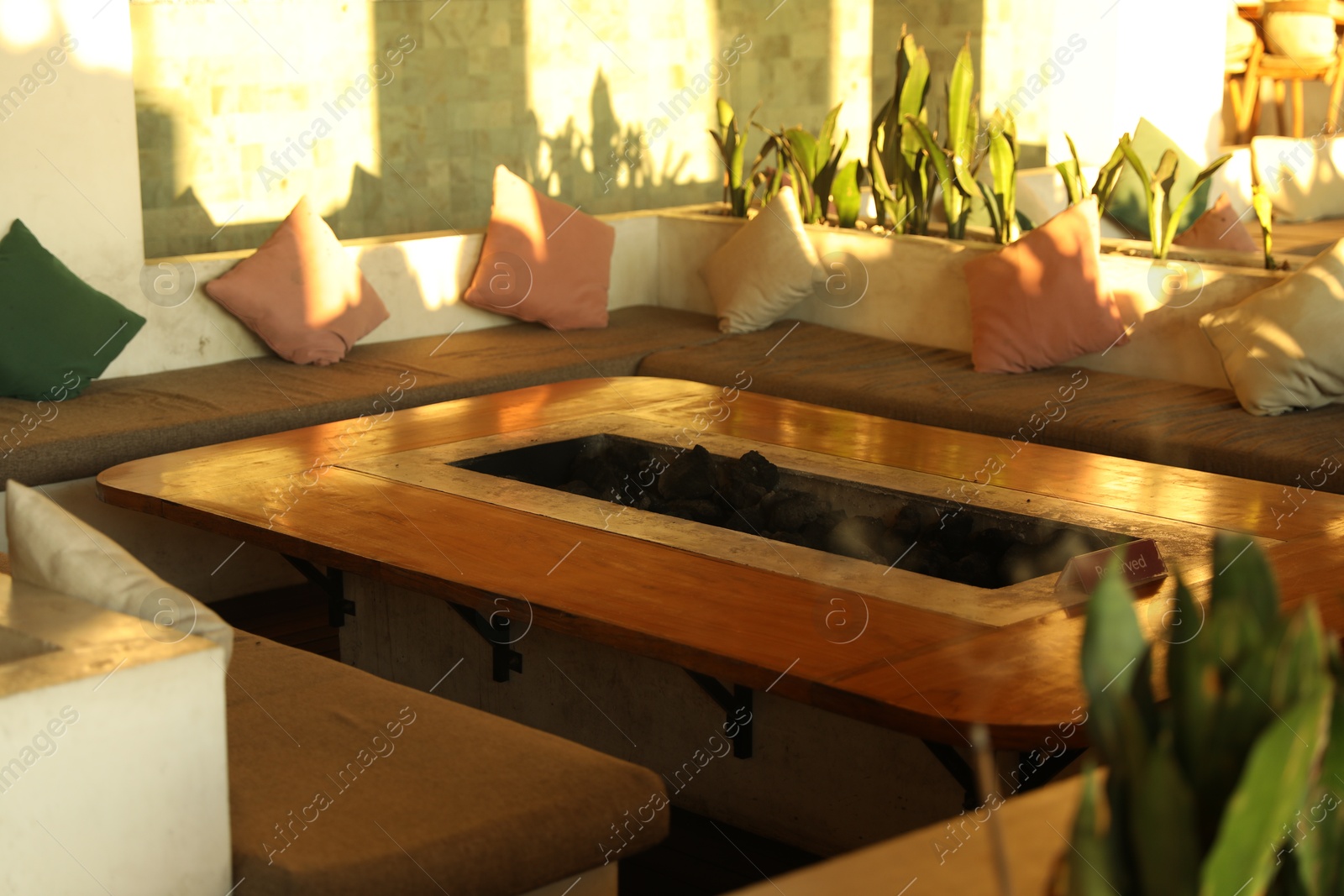 Stylish wooden table and empty benches indoors Photo of Stylish wooden table and empty benches indoors