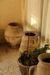Photo of Decorative vases, plant and burning incense indoors