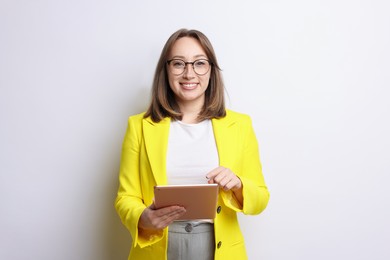 Photo of Woman with modern tablet on white background