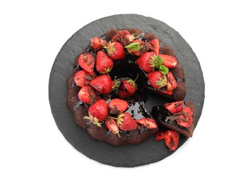 Photo of Delicious bundt cake with strawberries and chocolate shavings isolated on white, top view