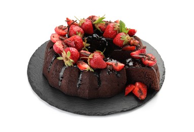 Photo of Delicious bundt cake with strawberries and chocolate shavings isolated on white