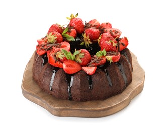 Photo of Delicious bundt cake with strawberries and chocolate shavings isolated on white