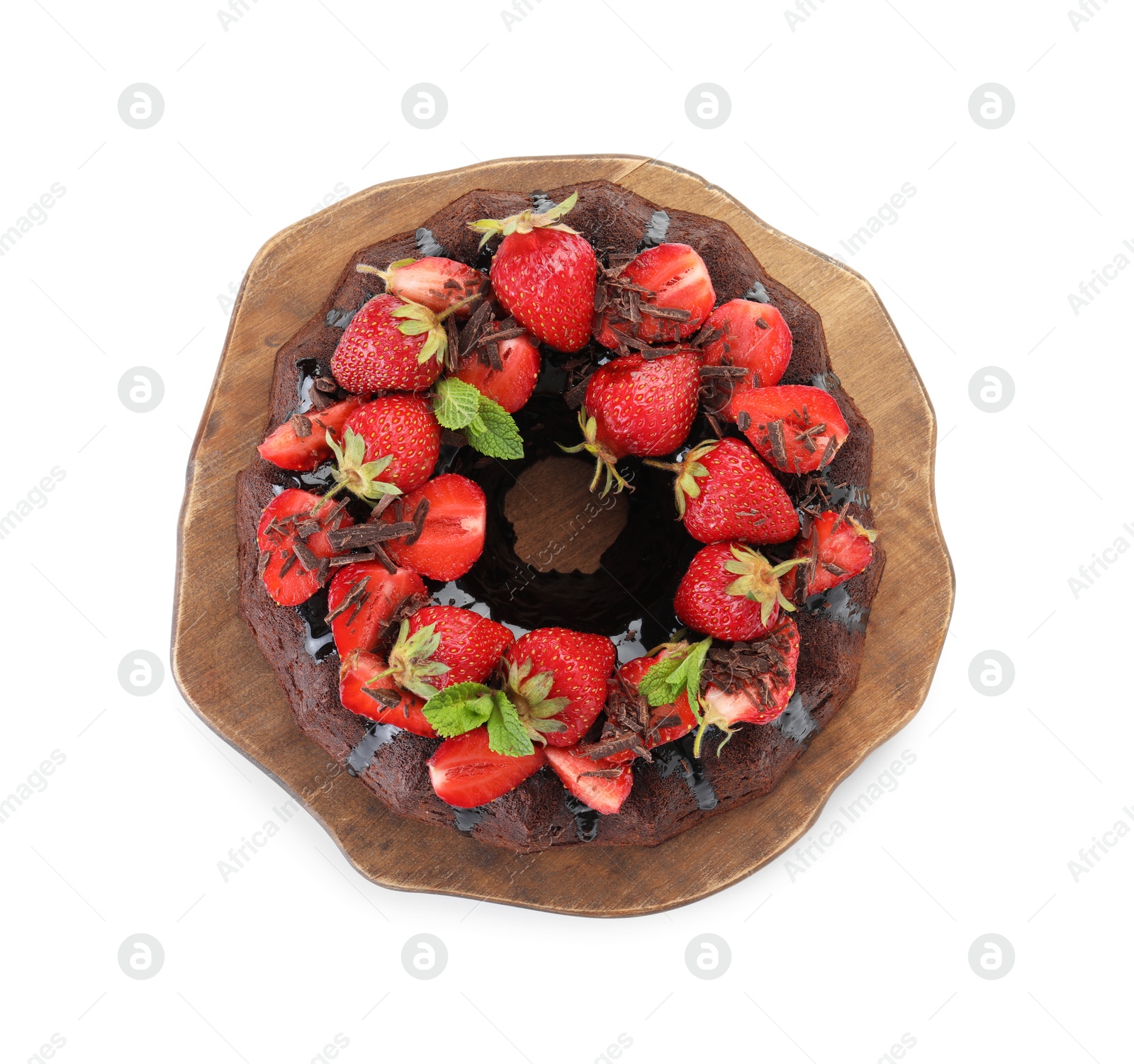 Delicious bundt cake with strawberries and chocolate shavings isolated on white, top view Photo of Delicious bundt cake with strawberries and chocolate shavings isolated on white, top view