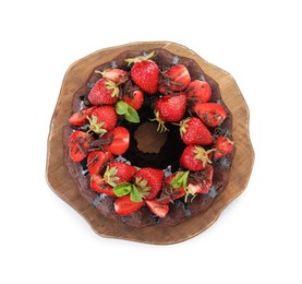 Photo of Delicious bundt cake with strawberries and chocolate shavings isolated on white, top view