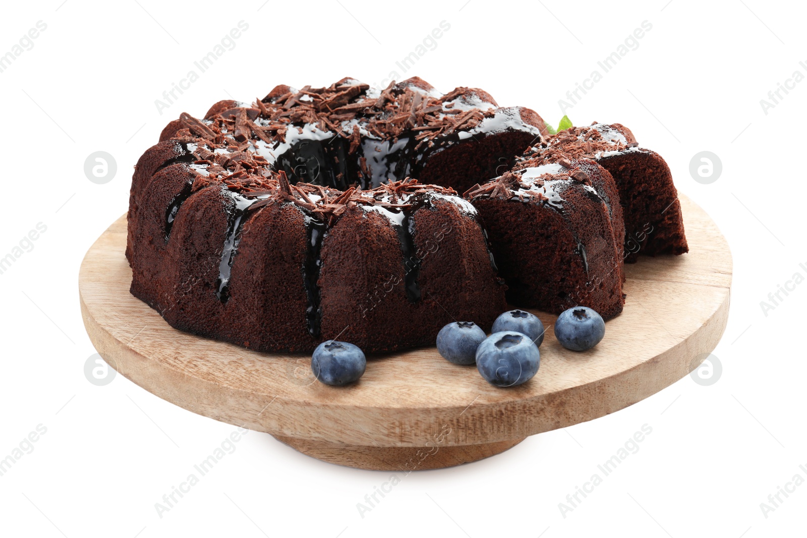Delicious bundt cake with blueberries and chocolate shavings isolated on white Photo of Delicious bundt cake with blueberries and chocolate shavings isolated on white