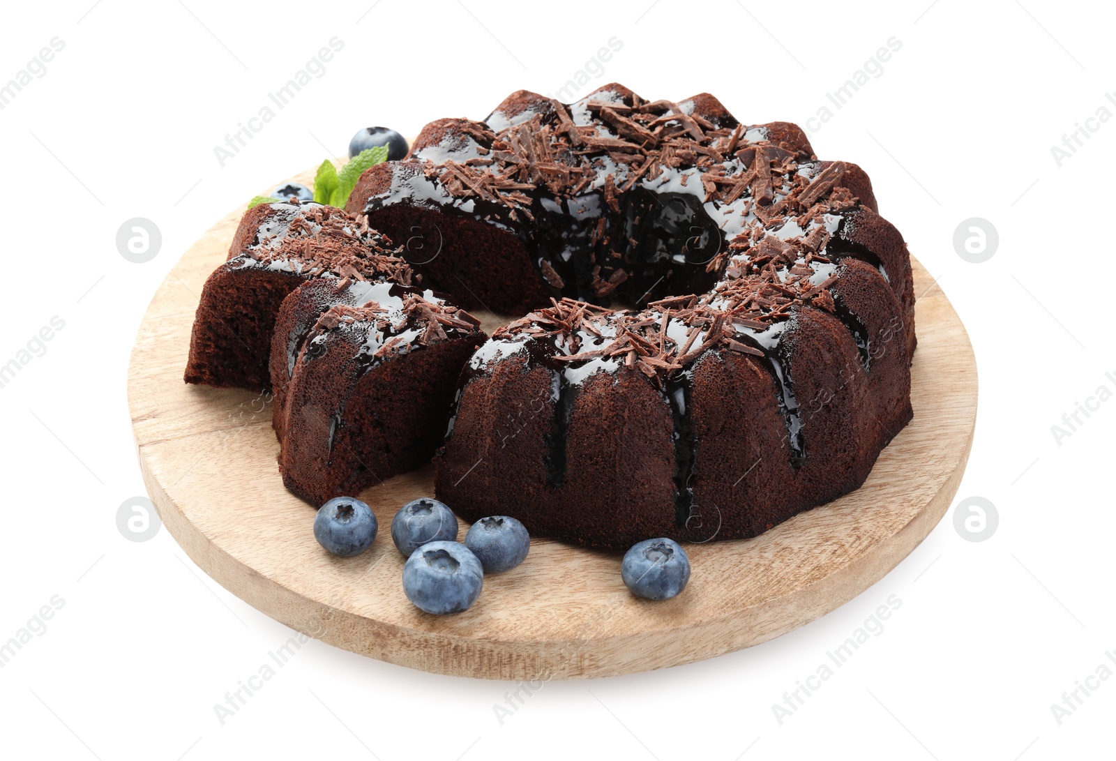 Delicious bundt cake with blueberries and chocolate shavings isolated on white Photo of Delicious bundt cake with blueberries and chocolate shavings isolated on white