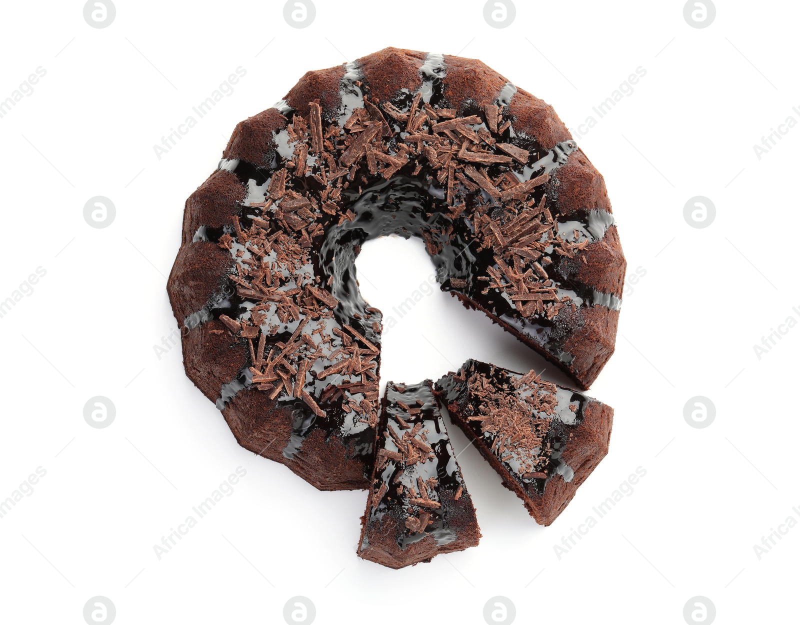 Delicious chocolate bundt cake isolated on white, top view Photo of Delicious chocolate bundt cake isolated on white, top view