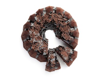 Photo of Delicious chocolate bundt cake isolated on white, top view