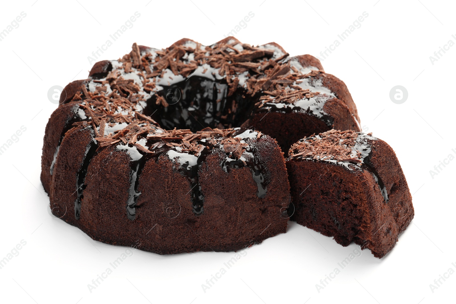 Delicious chocolate bundt cake isolated on white Photo of Delicious chocolate bundt cake isolated on white