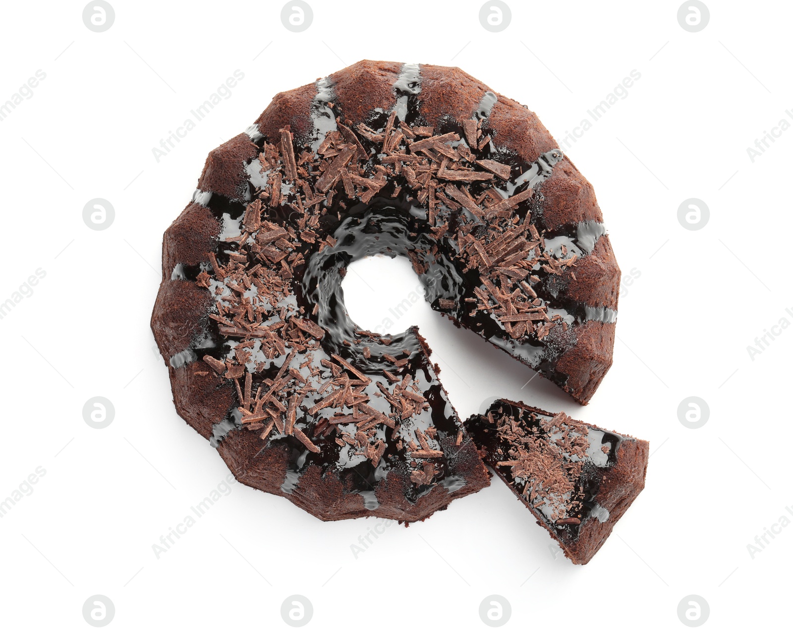 Delicious chocolate bundt cake isolated on white, top view Photo of Delicious chocolate bundt cake isolated on white, top view