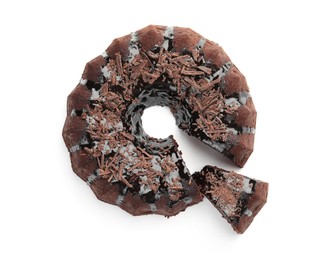 Photo of Delicious chocolate bundt cake isolated on white, top view
