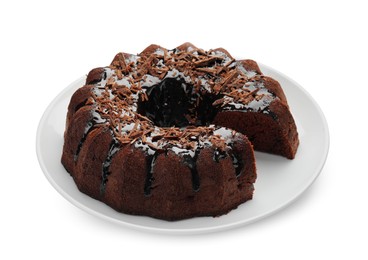 Photo of Delicious chocolate bundt cake isolated on white