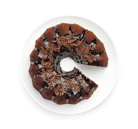 Photo of Delicious chocolate bundt cake isolated on white, top view