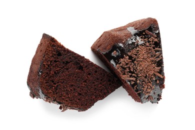 Photo of Pieces of delicious chocolate bundt cake isolated on white, above view