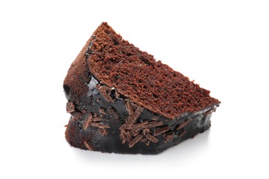 Photo of Piece of delicious chocolate bundt cake isolated on white