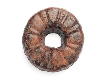 Photo of Delicious chocolate bundt cake isolated on white, top view