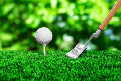 Image of Golf ball on green grass and club outdoors, closeup