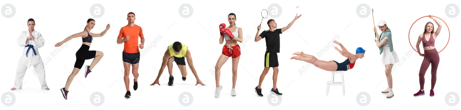 People engaged in different sport activities on white background, collage Image of People engaged in different sport activities on white background, collage