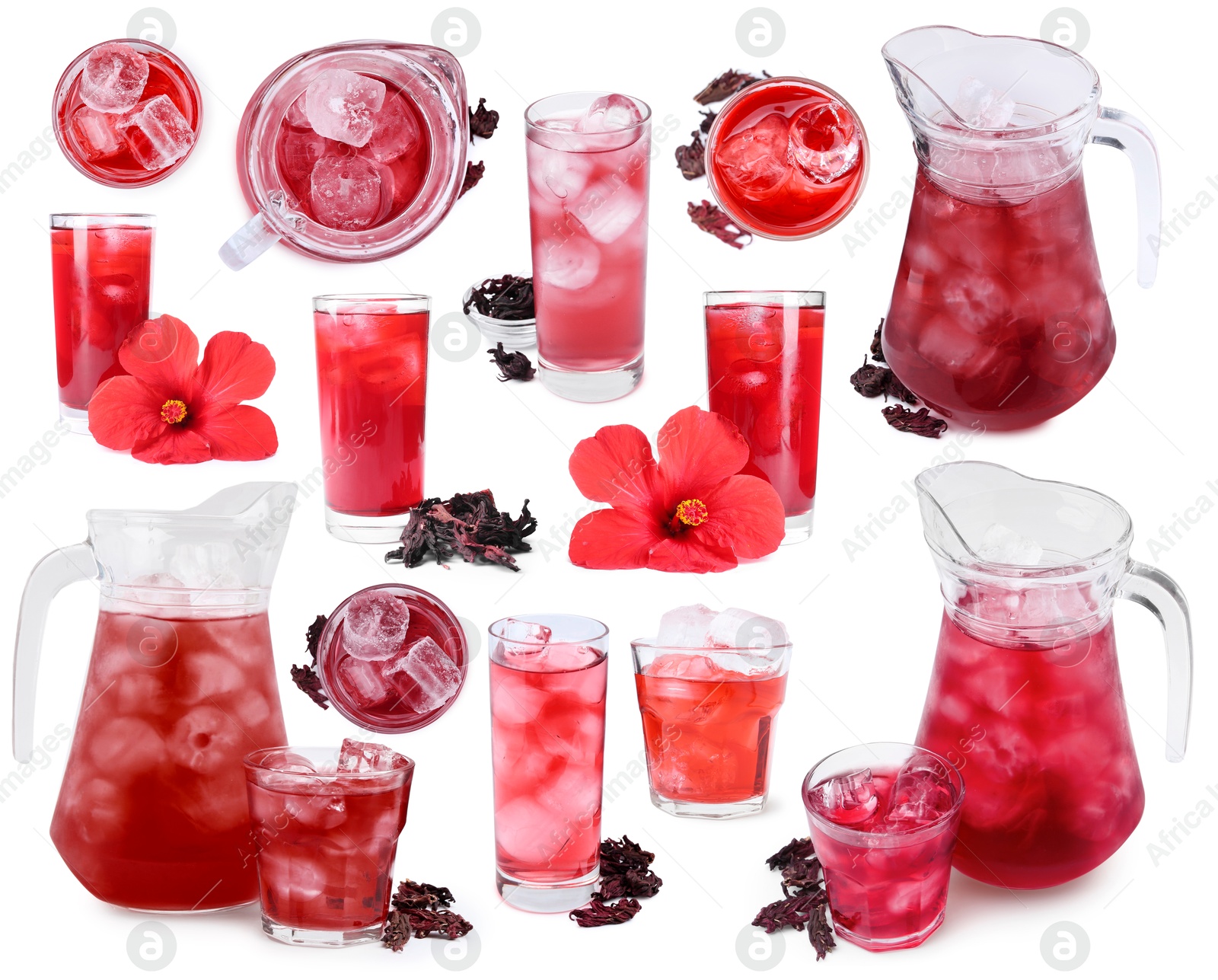 Refreshing cold hibiscus tea with ice isolated on white, set Image of Refreshing cold hibiscus tea with ice isolated on white, set