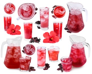 Image of Refreshing cold hibiscus tea with ice isolated on white, set