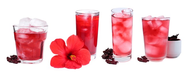 Image of Refreshing cold hibiscus tea with ice isolated on white, set