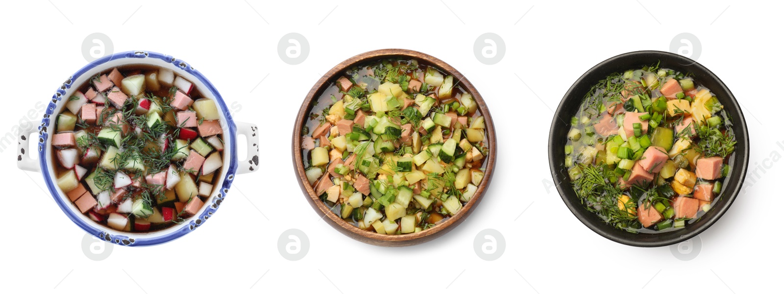 Cold soups in bowls isolated on white, set. Top view Image of Cold soups in bowls isolated on white, set. Top view