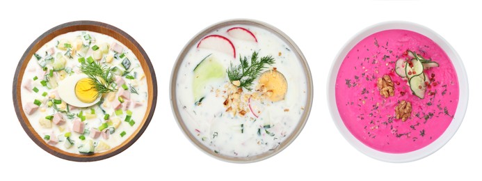 Image of Cold soups in bowls isolated on white, set. Top view
