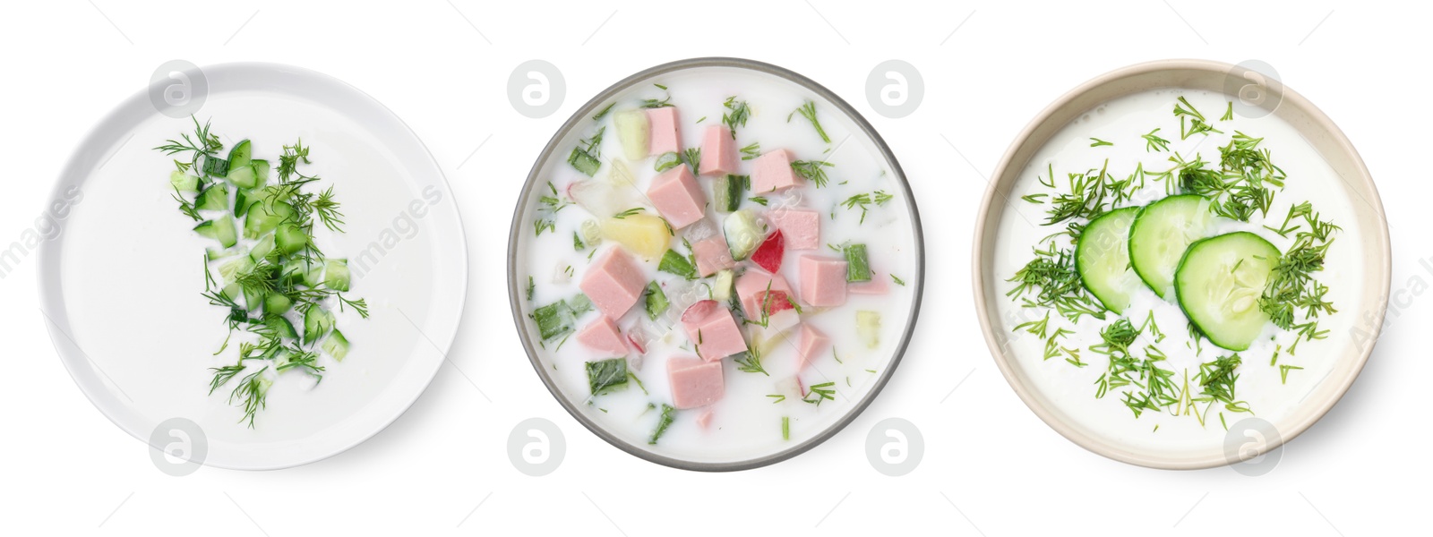 Cold soups in bowls isolated on white, set. Top view Image of Cold soups in bowls isolated on white, set. Top view