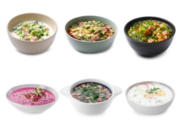 Image of Cold soups in bowls isolated on white, set