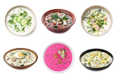 Image of Cold soups in bowls isolated on white, set