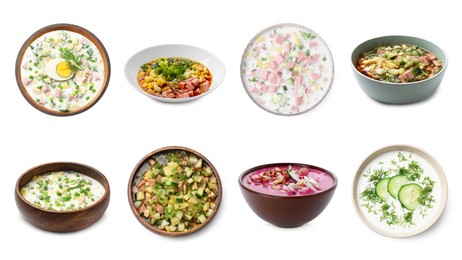 Image of Cold soups in bowls isolated on white, set