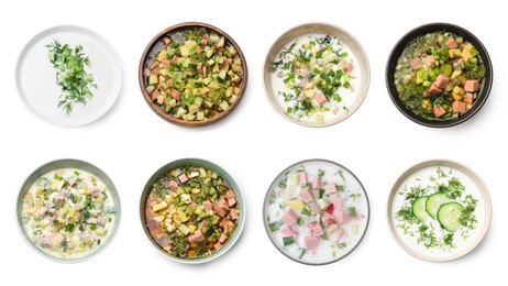 Image of Cold soups in bowls isolated on white, set. Top view
